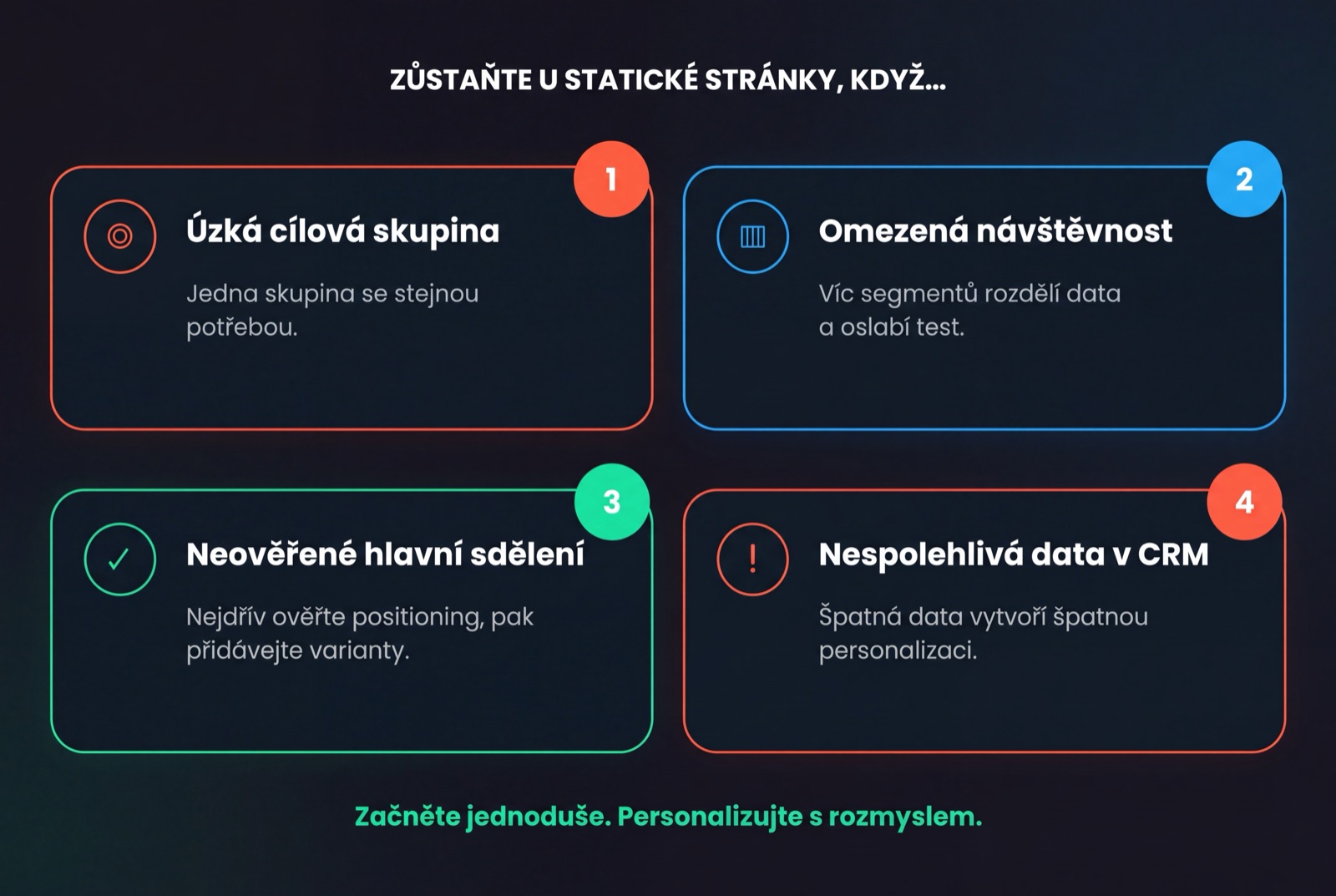 Čtyři situace, kdy zůstat u statické stránky: úzká cílová skupina, omezená návštěvnost, neověřené sdělení a nespolehlivá data v CRM