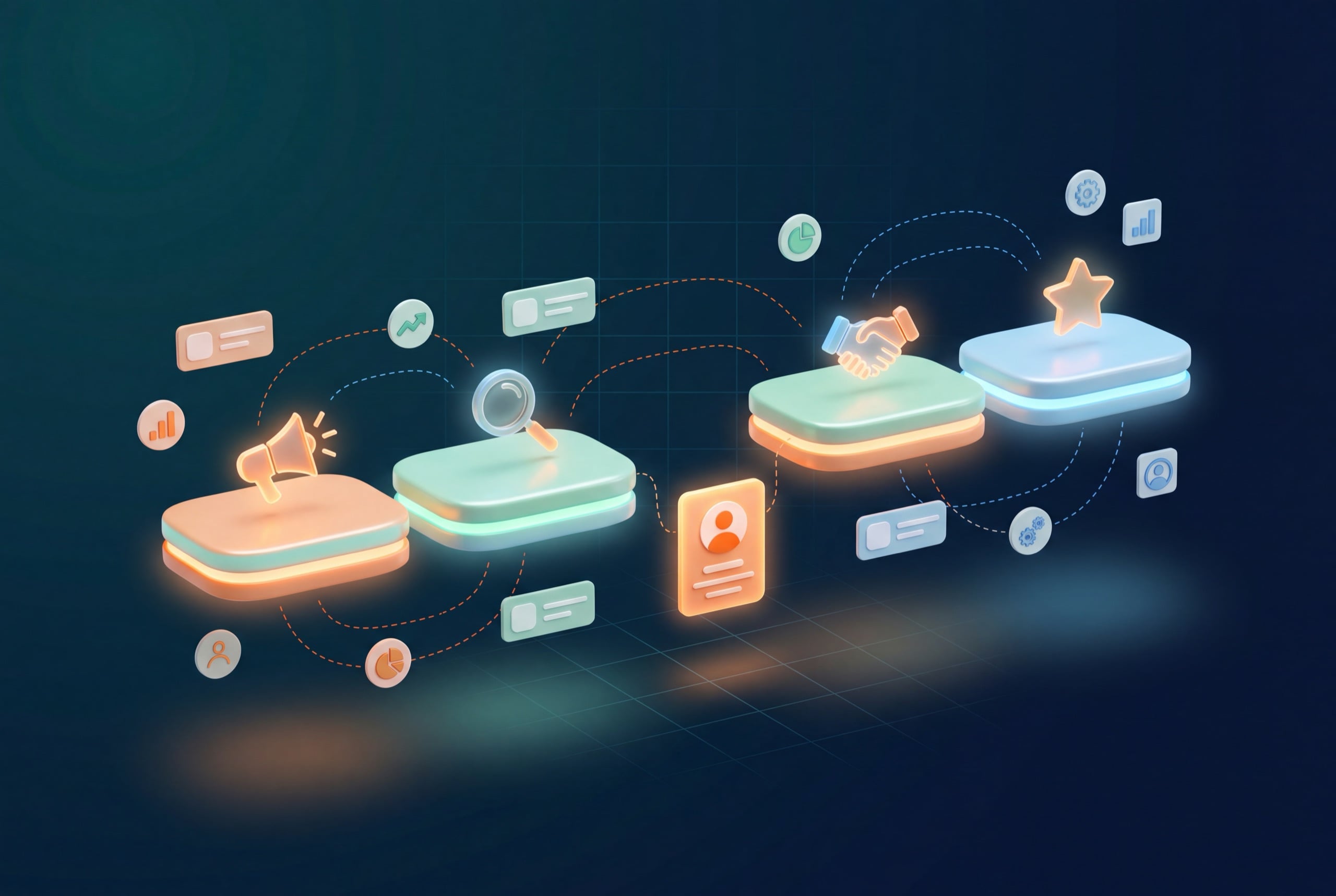 A customer journey as a row of platforms from awareness to advocacy, with a missing bridge and a lead hanging over the gap