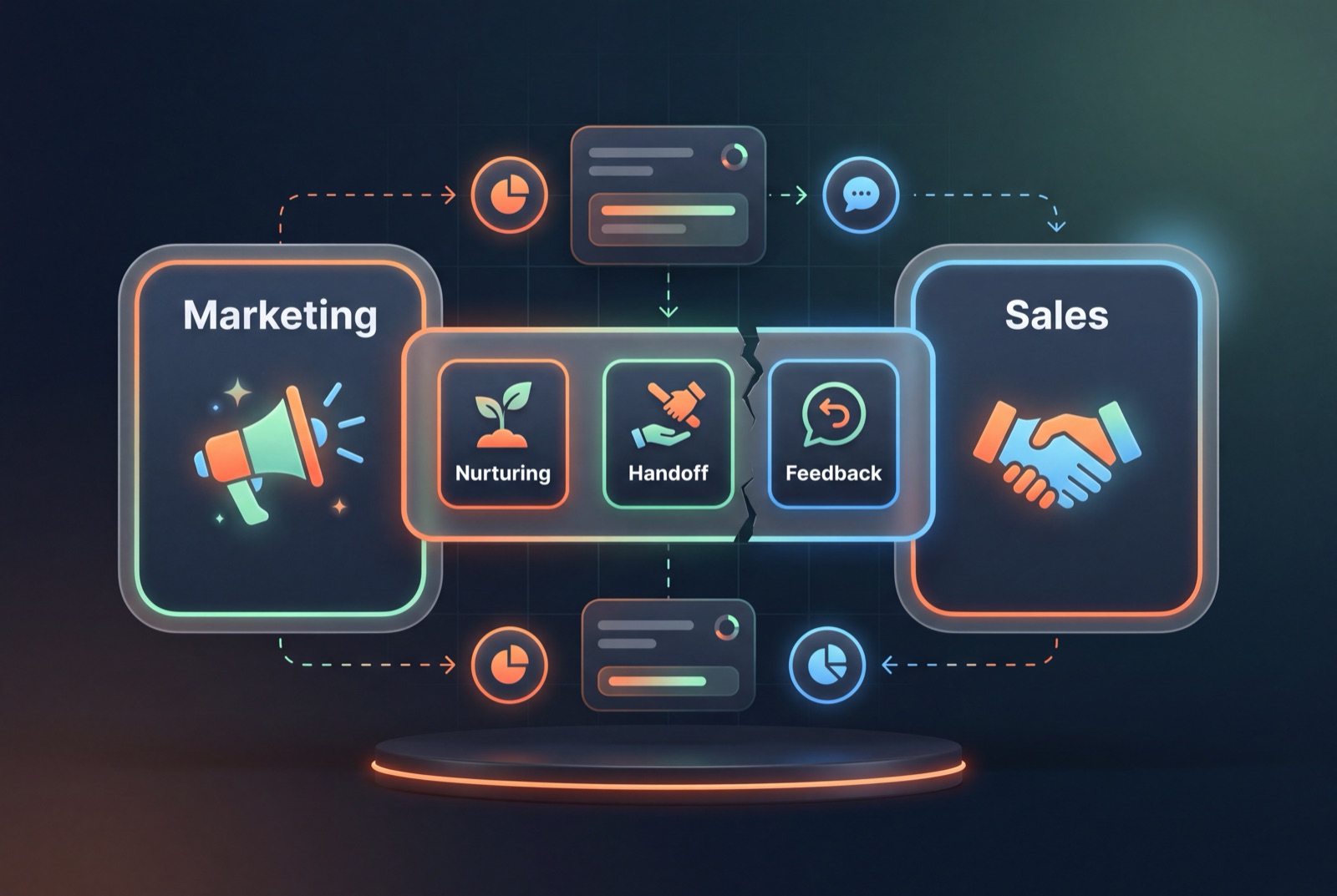 The handoff between marketing and sales: nurturing, handoff and feedback on a bridge with a crack in the middle