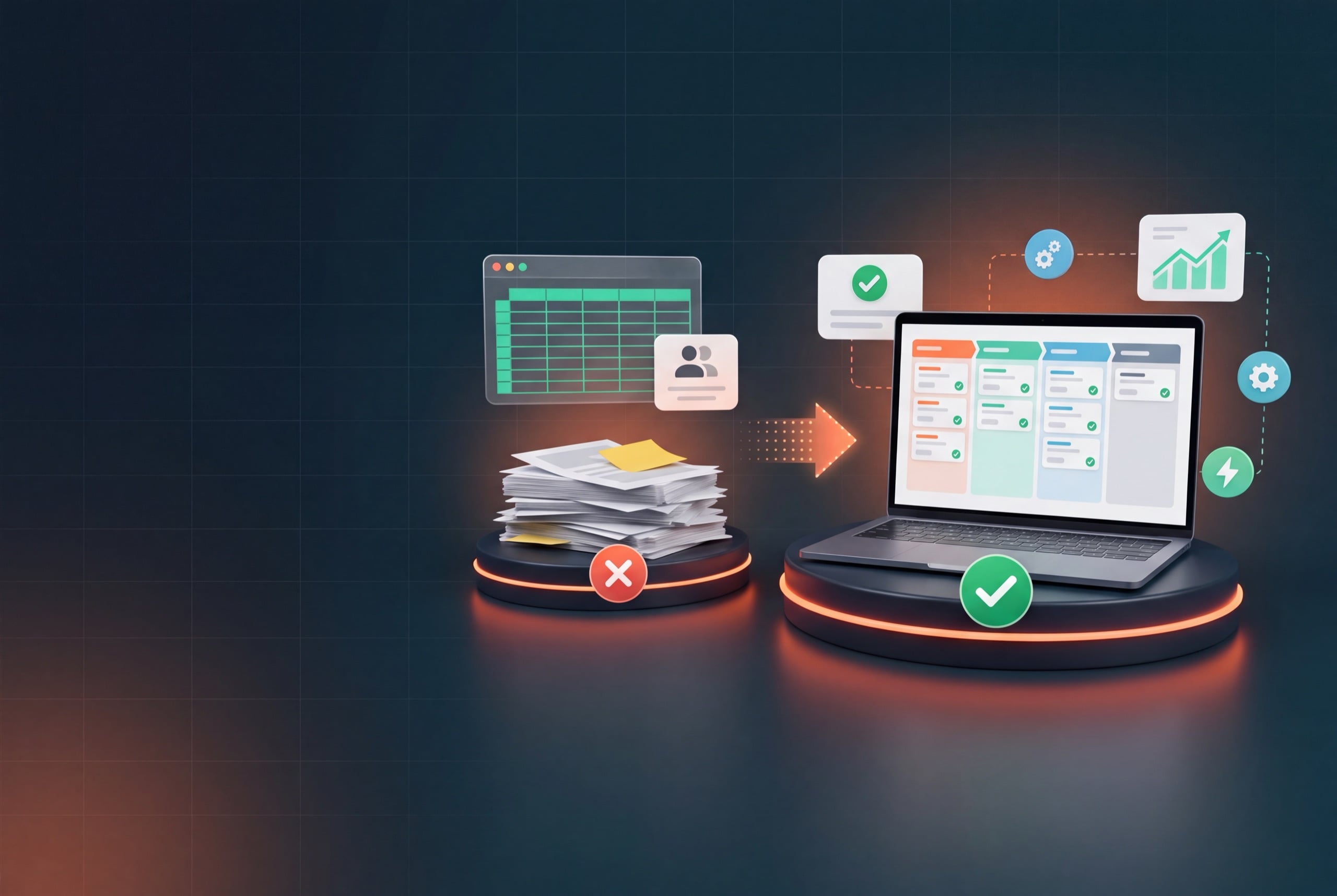 Ruční práce s papíry a tabulkami vedle automatizované obchodní pipeline v HubSpot CRM